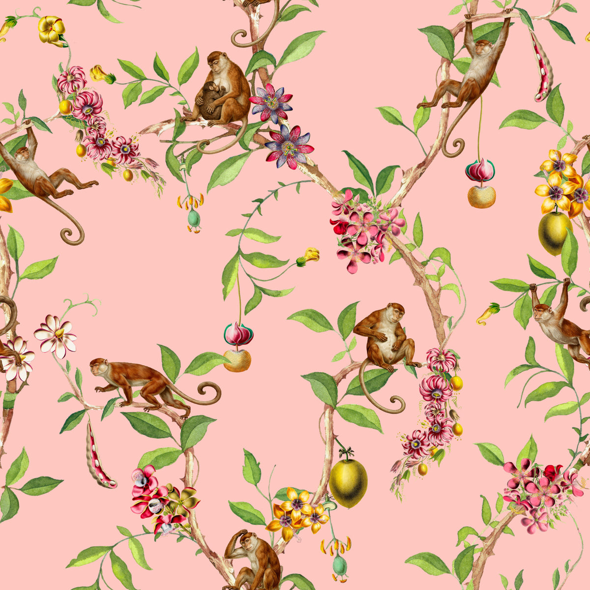 Whimsical Playing Monkeys Family Vintage Exotic Garden pink Wallpaper⁠ in your room — zoomed