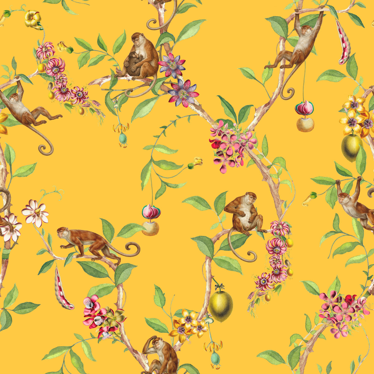 Whimsical Playing Monkeys Family Vintage Exotic Garden yellow Wallpaper⁠ in your room — zoomed