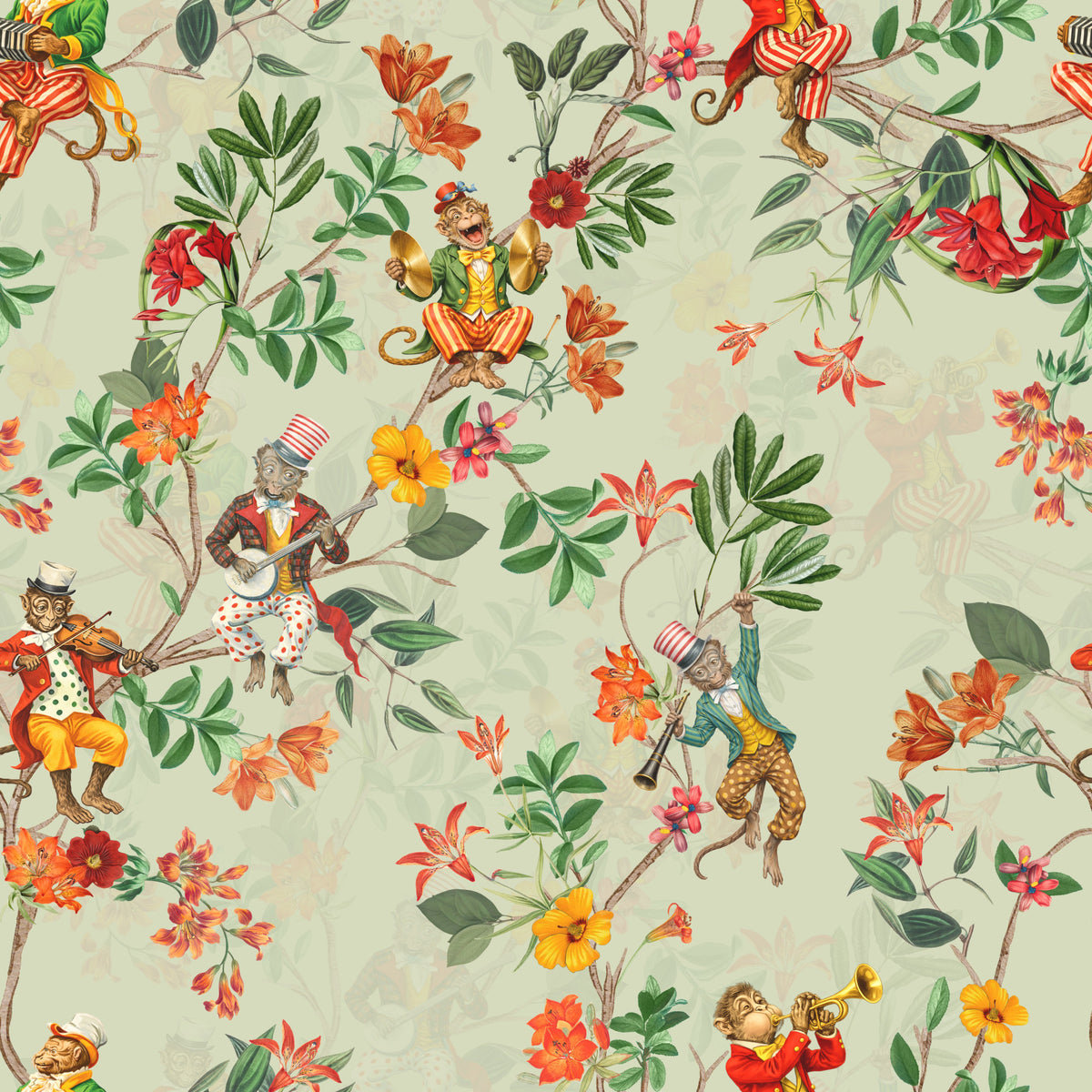 Whimsical Monkeys Playing Music Vintage Exotic Fun Garden green Wallpaper⁠ in your room — zoomed