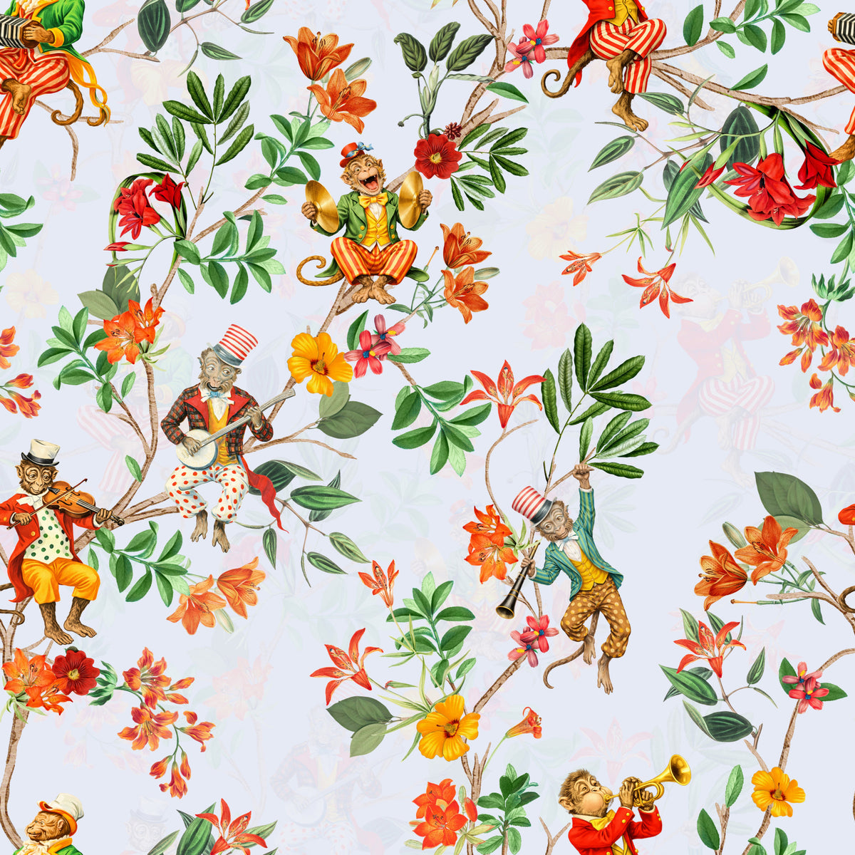 Whimsical Monkeys Playing Music Vintage Exotic Fun Garden blue Wallpaper⁠ in your room — zoomed