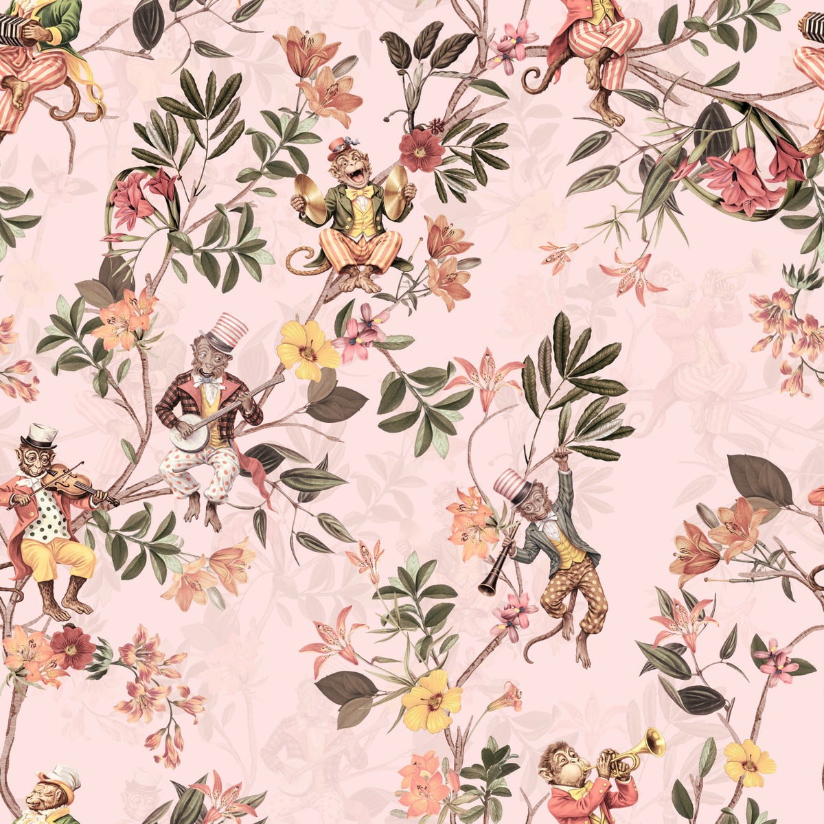 Whimsical Monkeys Playing Music Vintage Exotic Fun Garden pink Wallpaper⁠ in your room — zoomed