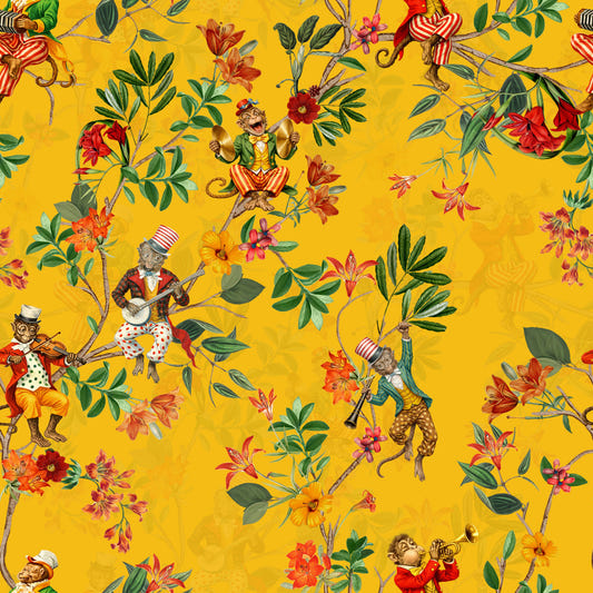 Whimsical Monkeys Playing Music Vintage Exotic Fun Garden yellow Wallpaper⁠
