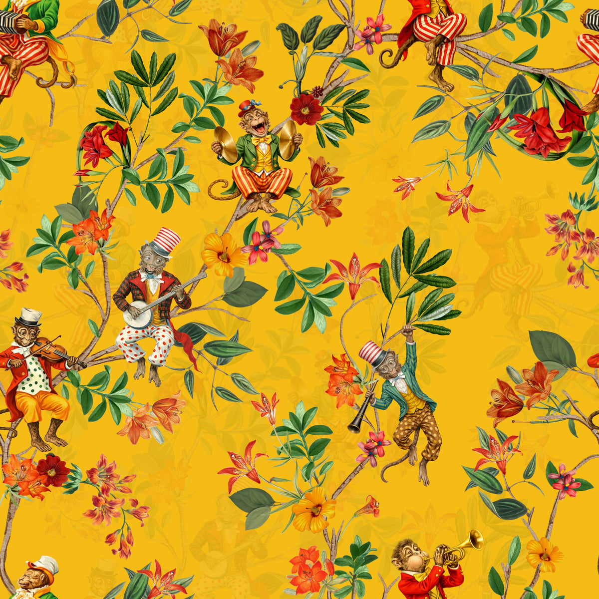 Whimsical Monkeys Playing Music Vintage Exotic Fun Garden yellow Wallpaper⁠ in your room — zoomed