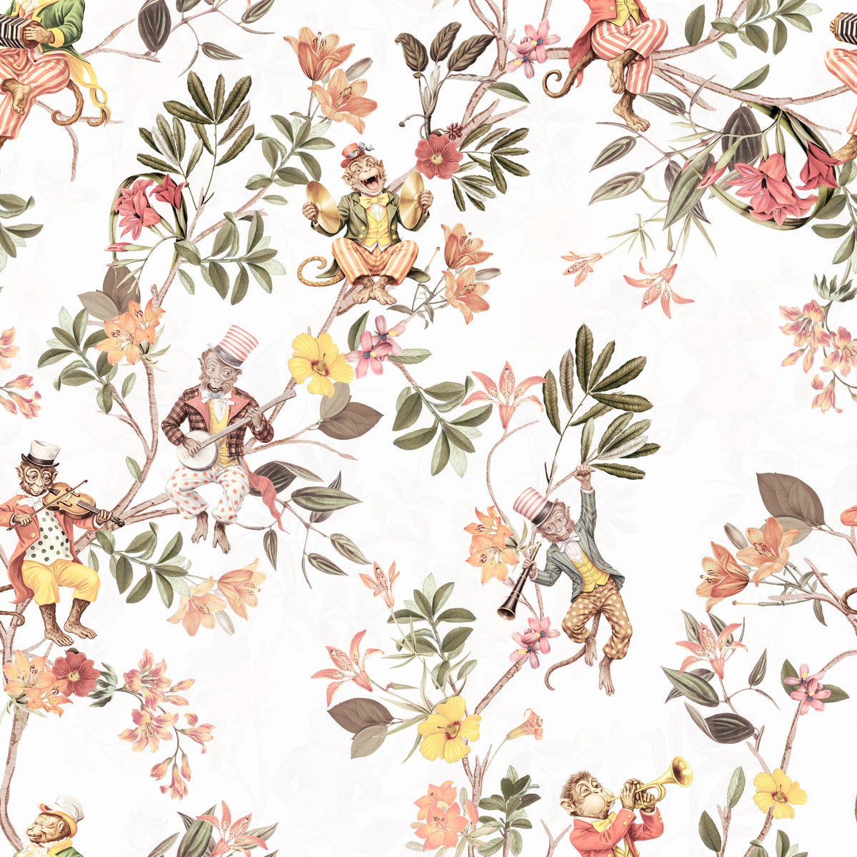 Whimsical Monkeys Playing Music Vintage Exotic Fun Garden white Wallpaper⁠ in your room