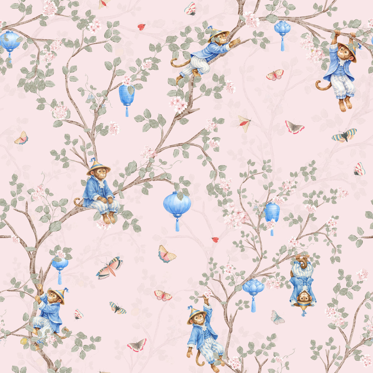Vintage Rococo Chinoiserie Asian Lanterns with Monkeys and Sakura Flowers pink Wallpaper⁠ in your room