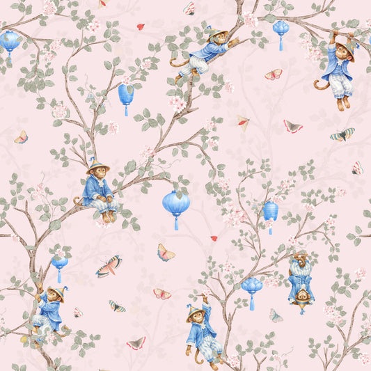 Vintage Rococo Chinoiserie Asian Lanterns with Monkeys and Sakura Flowers pink Wallpaper⁠