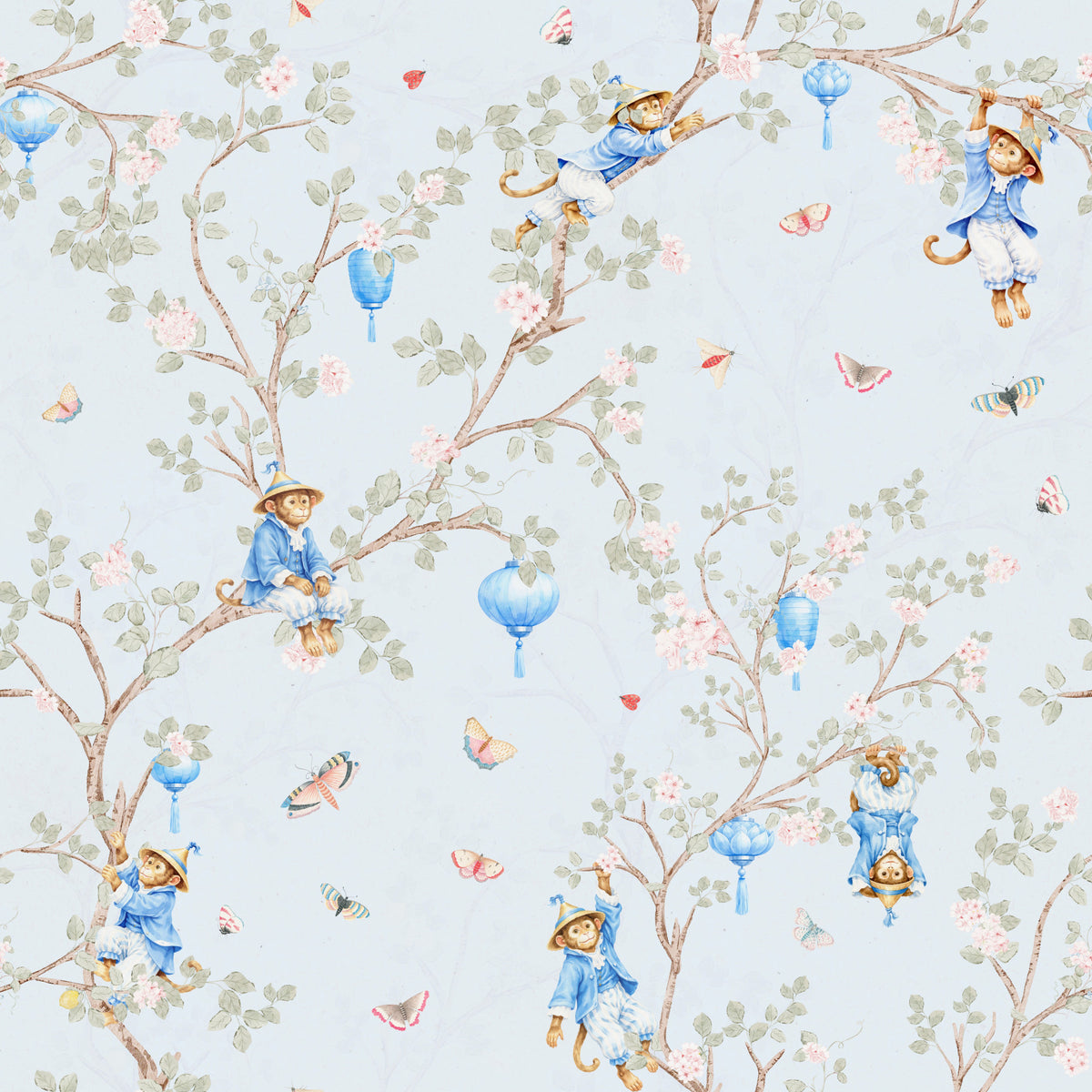 Vintage Rococo Chinoiserie Asian Lanterns with Monkeys and Sakura Flowers blue Wallpaper⁠ in your room — zoomed