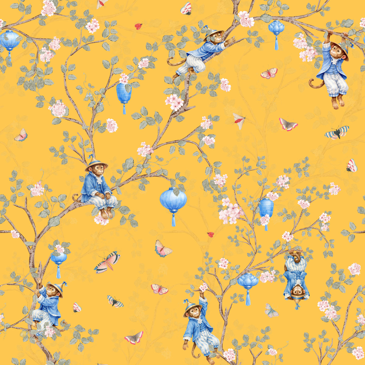 Vintage Rococo Chinoiserie Asian Lanterns with Monkeys and Sakura Flowers yellow Wallpaper⁠ in your room — zoomed