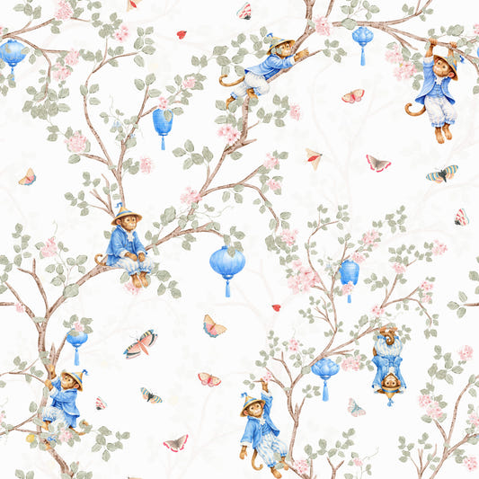 Vintage Rococo Chinoiserie Asian Lanterns with Monkeys and Sakura Flowers white Wallpaper⁠