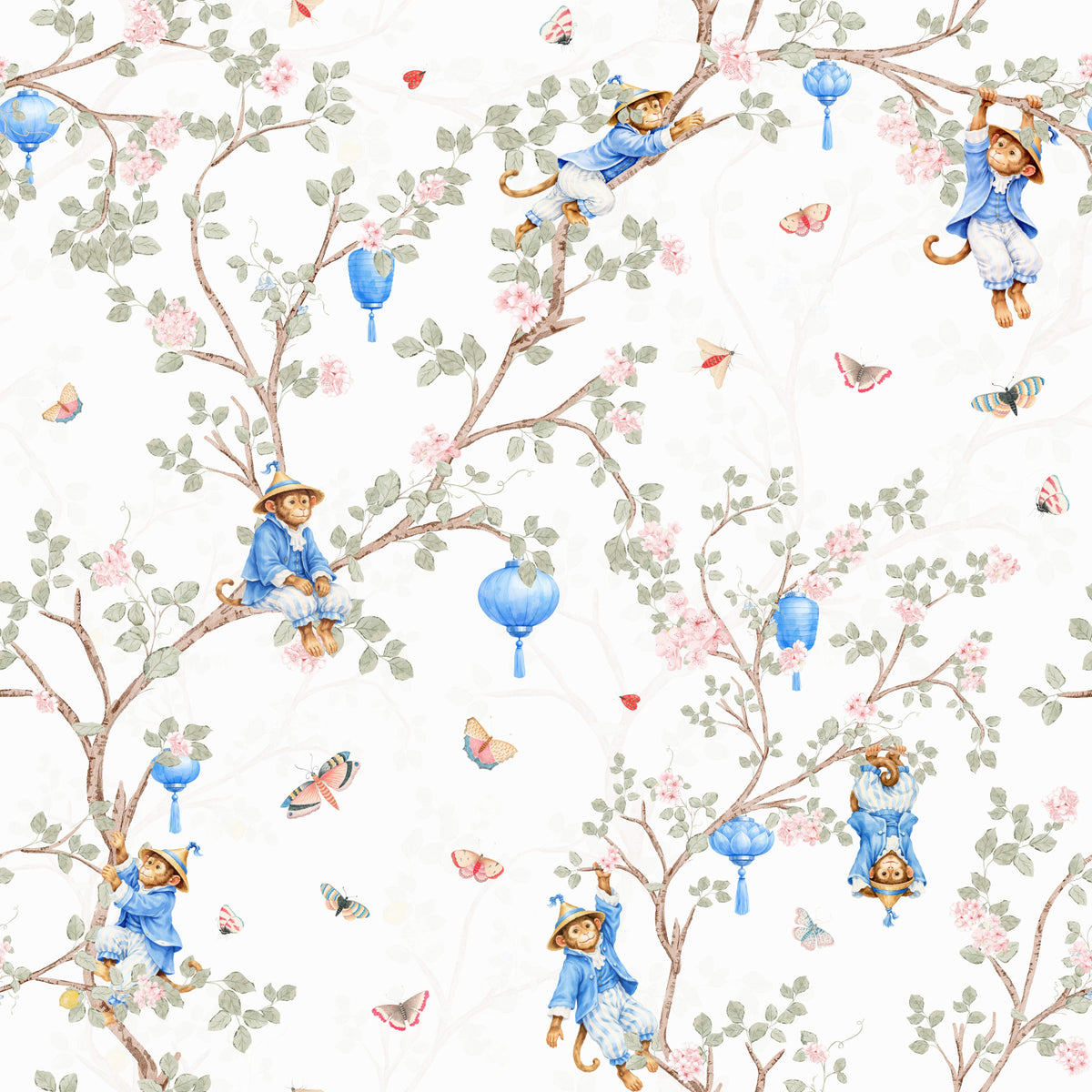 Vintage Rococo Chinoiserie Asian Lanterns with Monkeys and Sakura Flowers white Wallpaper⁠ in your room