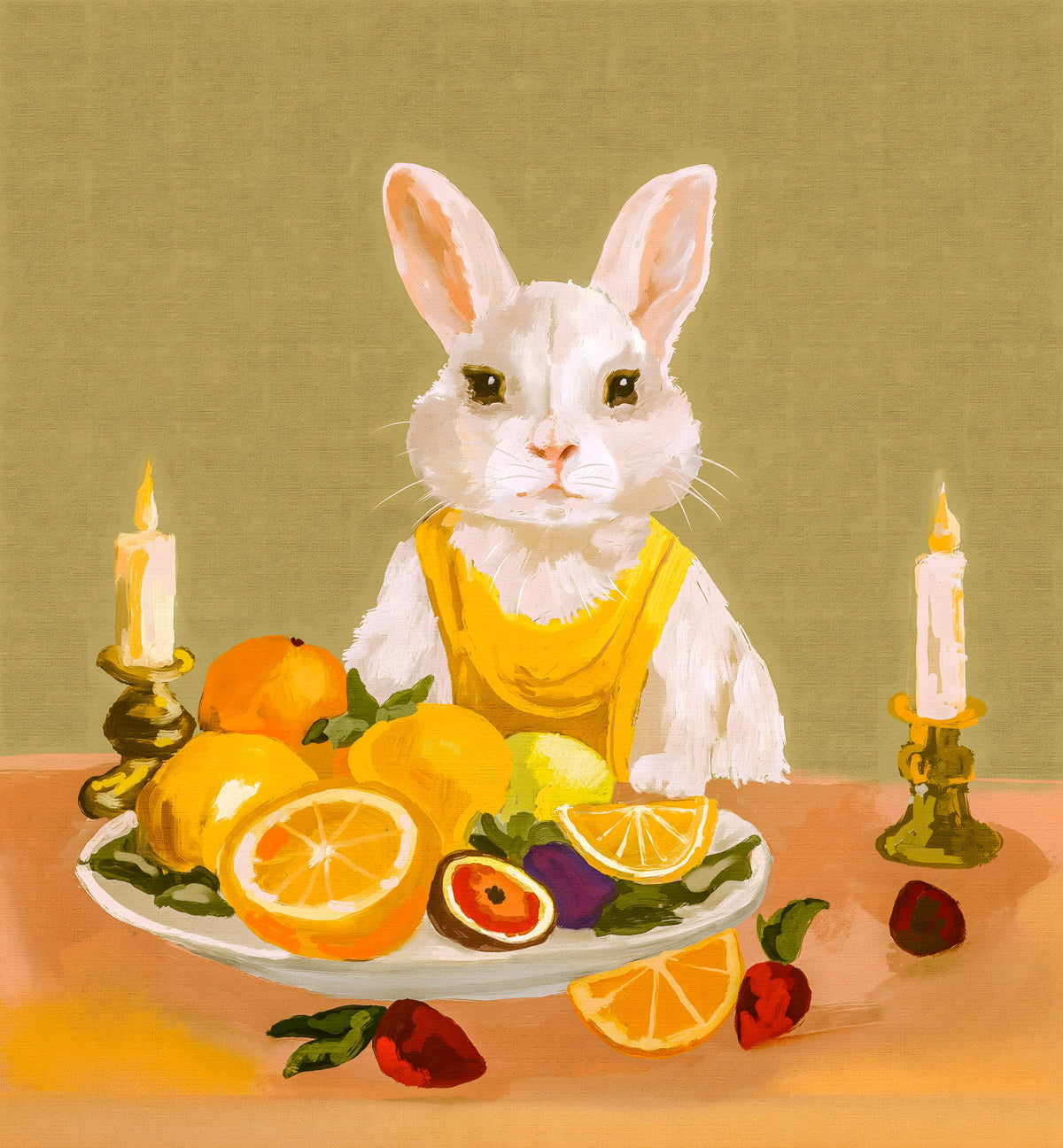 Bunny Candlelight Fruit Dinner Oil Painting Wall Mural in your room — zoomed