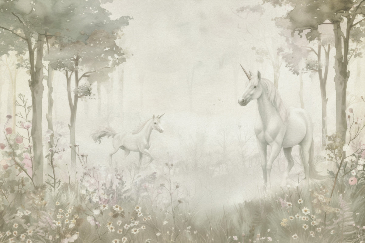 Unicorns in a Magical Dreamy Forest –  Sage Wall Mural in your room — zoomed