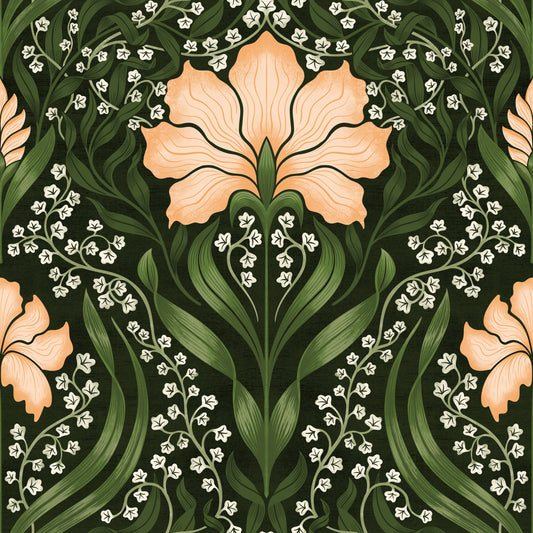 Intricate floral damask - apricot Wallpaper⁠