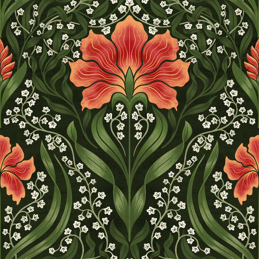 Intricate floral damask - red Wallpaper⁠