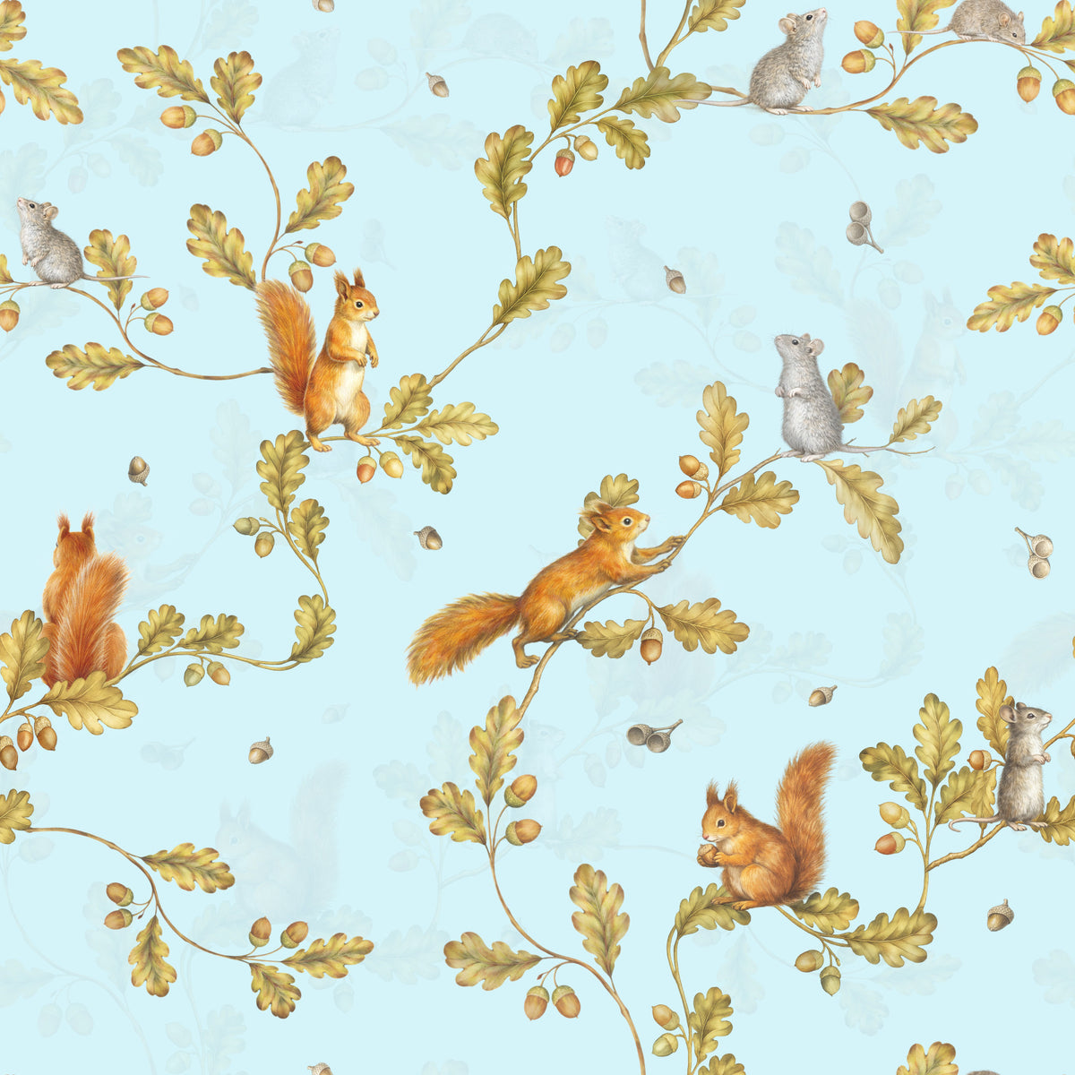 18th Rococo Forest Chinoiserie with Squirrels and Mice on Oak Tree Branches Blue Wallpaper⁠ in your room