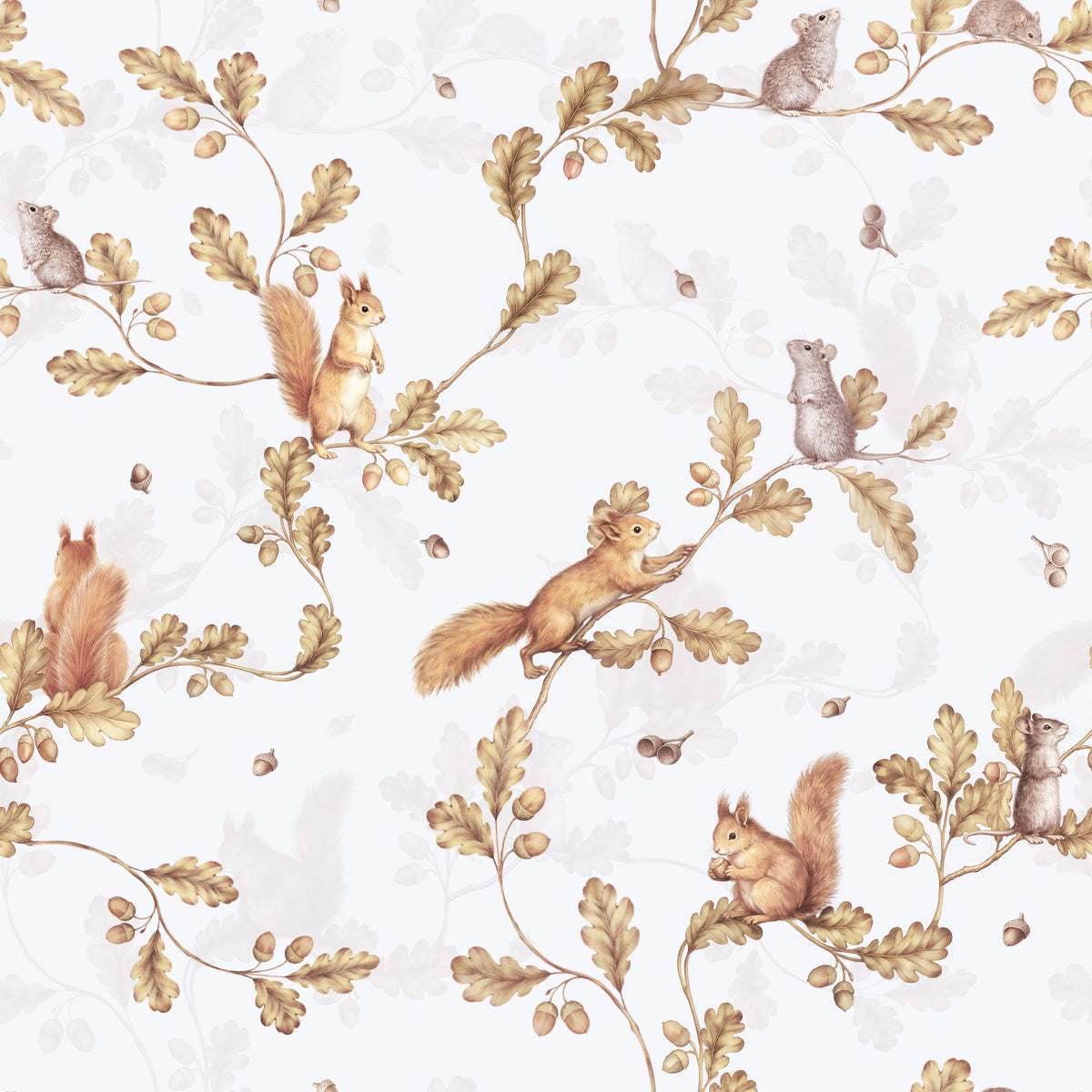 18th Rococo Forest Chinoiserie with Squirrels and Mice on Oak Tree Branches off white Wallpaper⁠ in your room — zoomed
