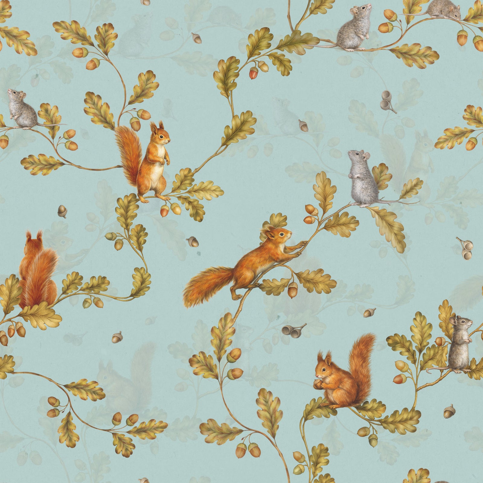 18th Rococo Forest Chinoiserie with Squirrels and Mice on Oak Tree Branches teal Wallpaper⁠