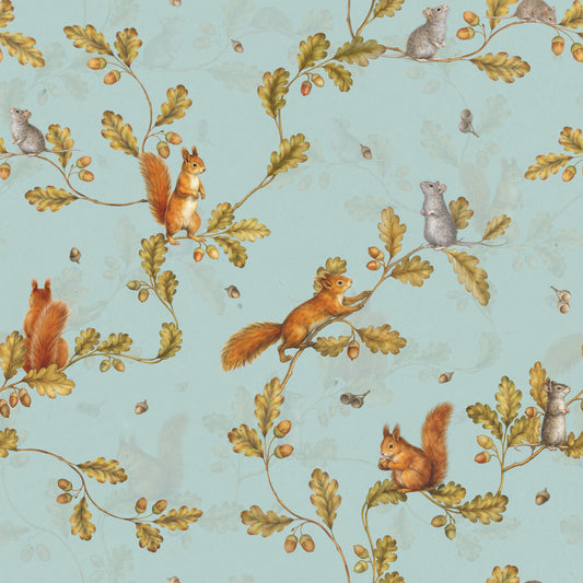 18th Rococo Forest Chinoiserie with Squirrels and Mice on Oak Tree Branches teal Wallpaper⁠