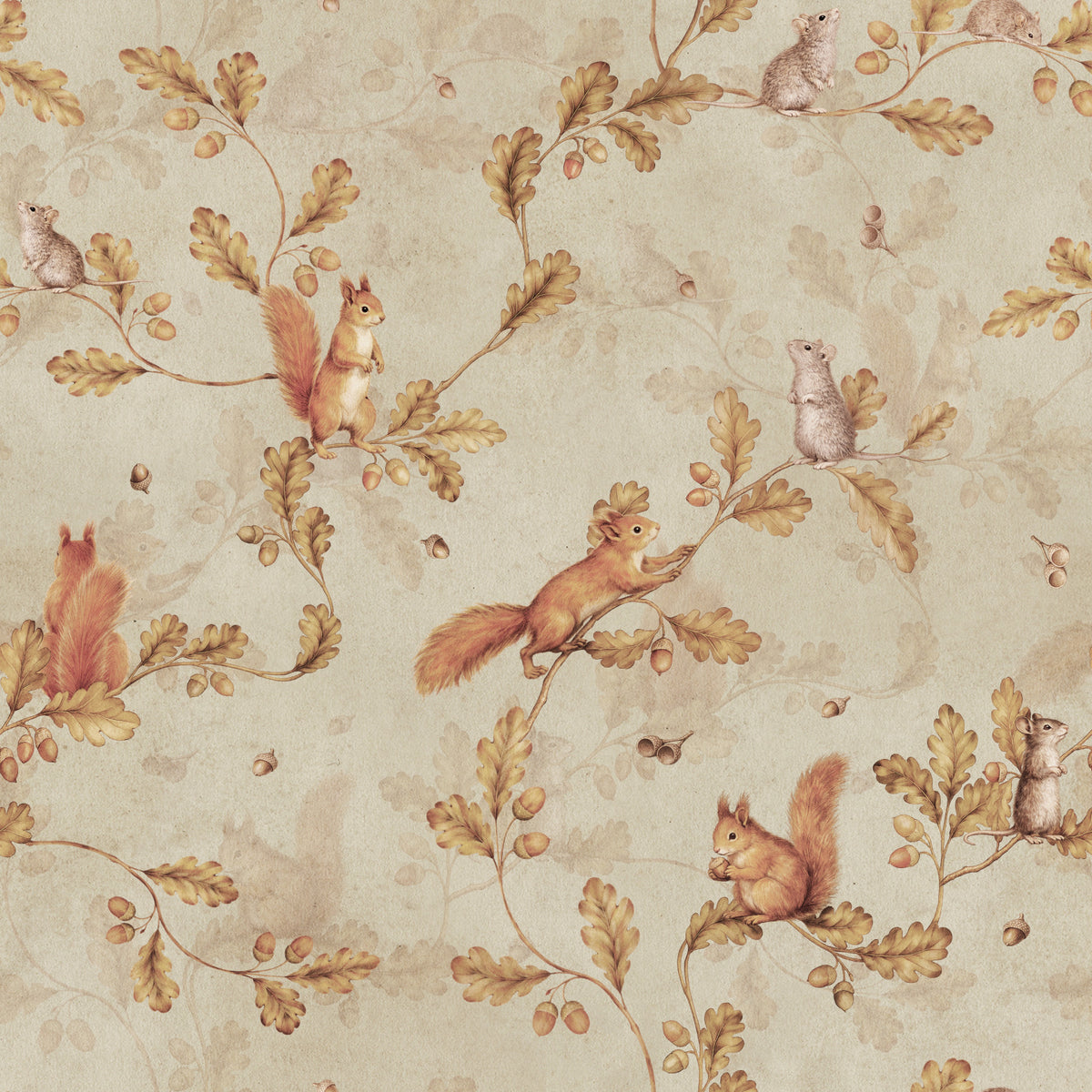 18th Rococo Forest Chinoiserie with Squirrels and Mice on Oak Tree Branches beige Wallpaper⁠ in your room
