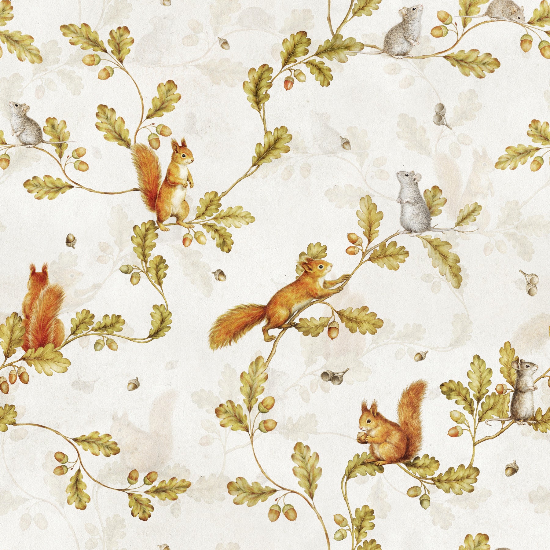 18th Rococo Forest Chinoiserie with Squirrels and Mice on Oak Tree Branches Wallpaper⁠