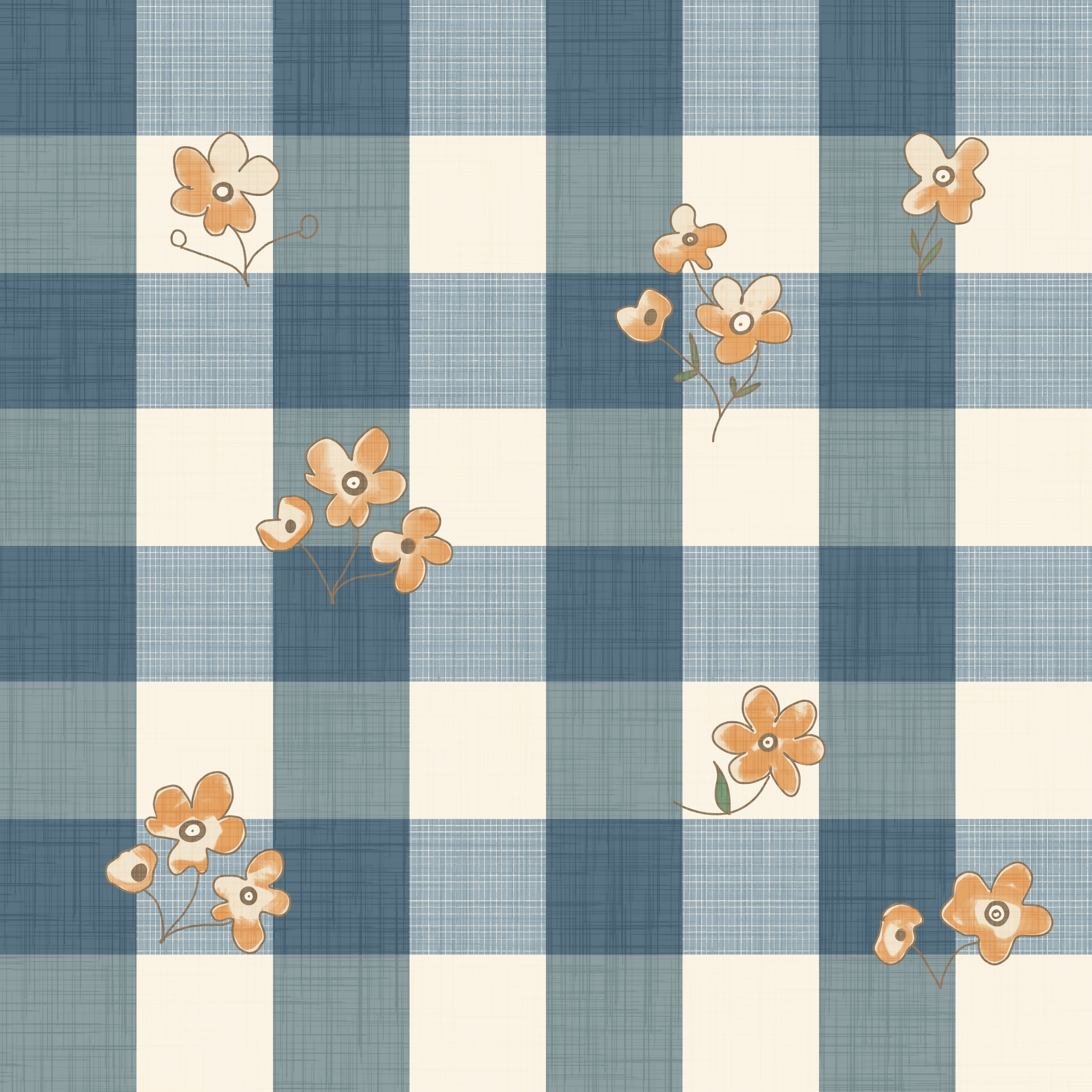 Blue Gingham Floral Country Cottage Wallpaper⁠
