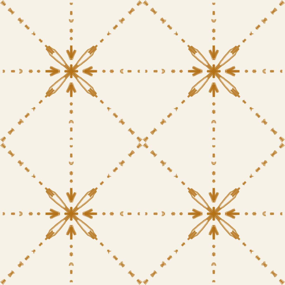 Sashiko Hana-Goshi - Latticed Flower Stitch Gold Wallpaper⁠ in your room