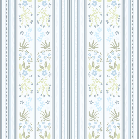 Serene Blue Cottagecore Floral Stripes whimsical Wallpaper⁠
