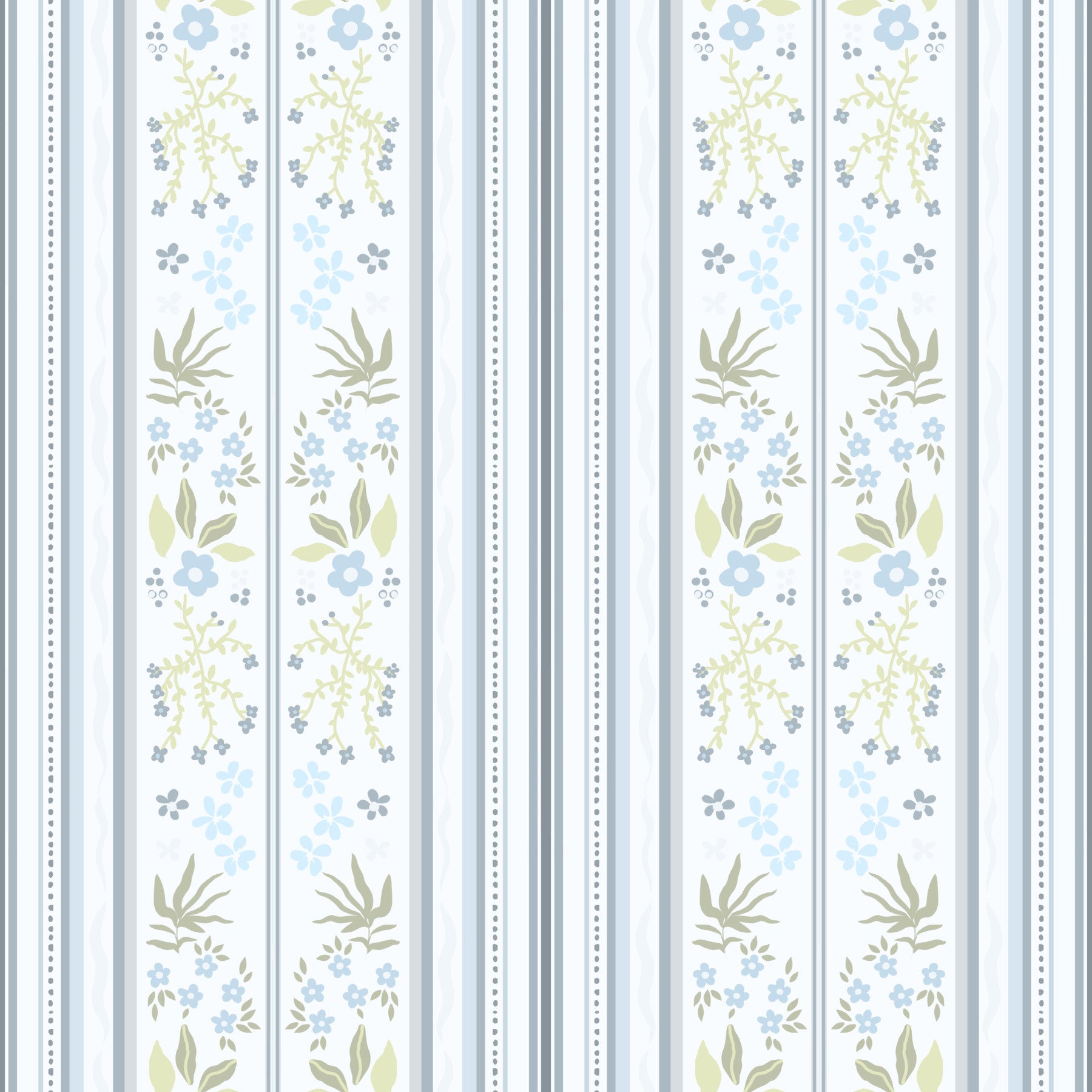 Serene Blue Cottagecore Floral Stripes whimsical Wallpaper⁠