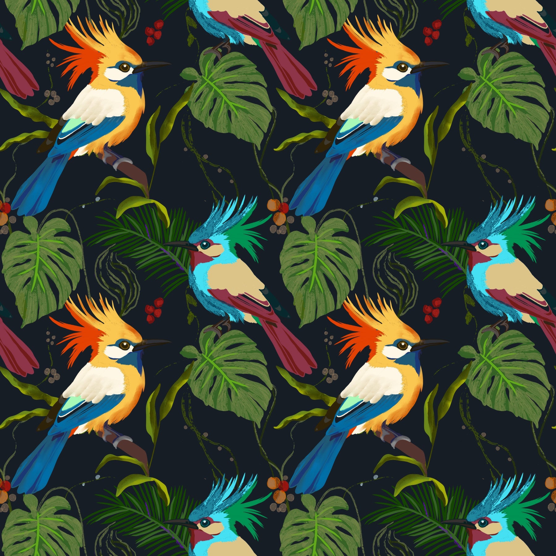 Jungle Birds Exotic Botanical Paradise Wallpaper⁠