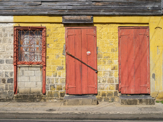 Weathered Brick Wall and Red Doors Wall Mural