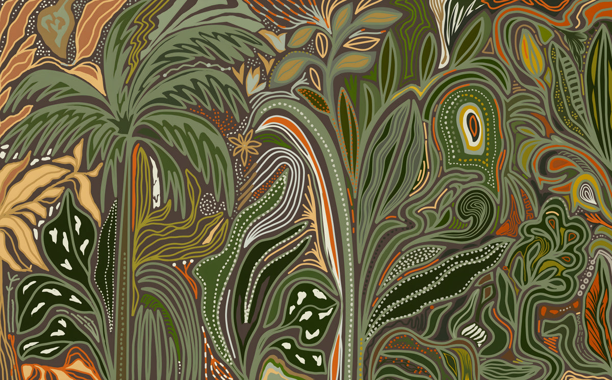 Arboreal Reverie Jungle Palm Grove Tropical Abstract Wall Mural in your room — zoomed