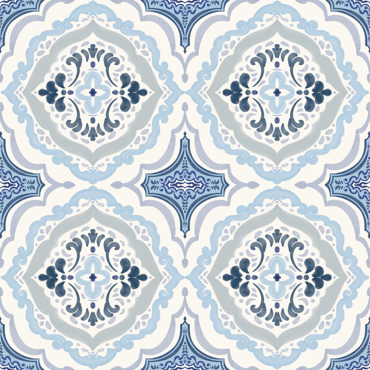 Mediterranean indigo fleur tile Wallpaper⁠ in your room — zoomed