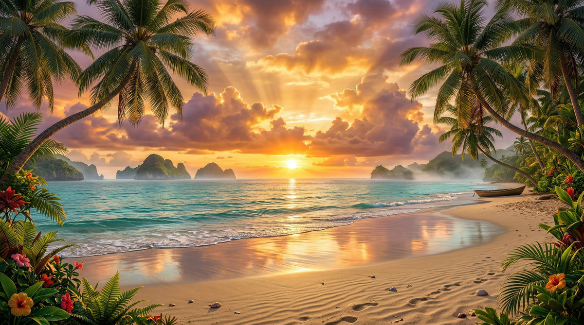 Tropical Beach Dawn Wall Mural in your room — zoomed
