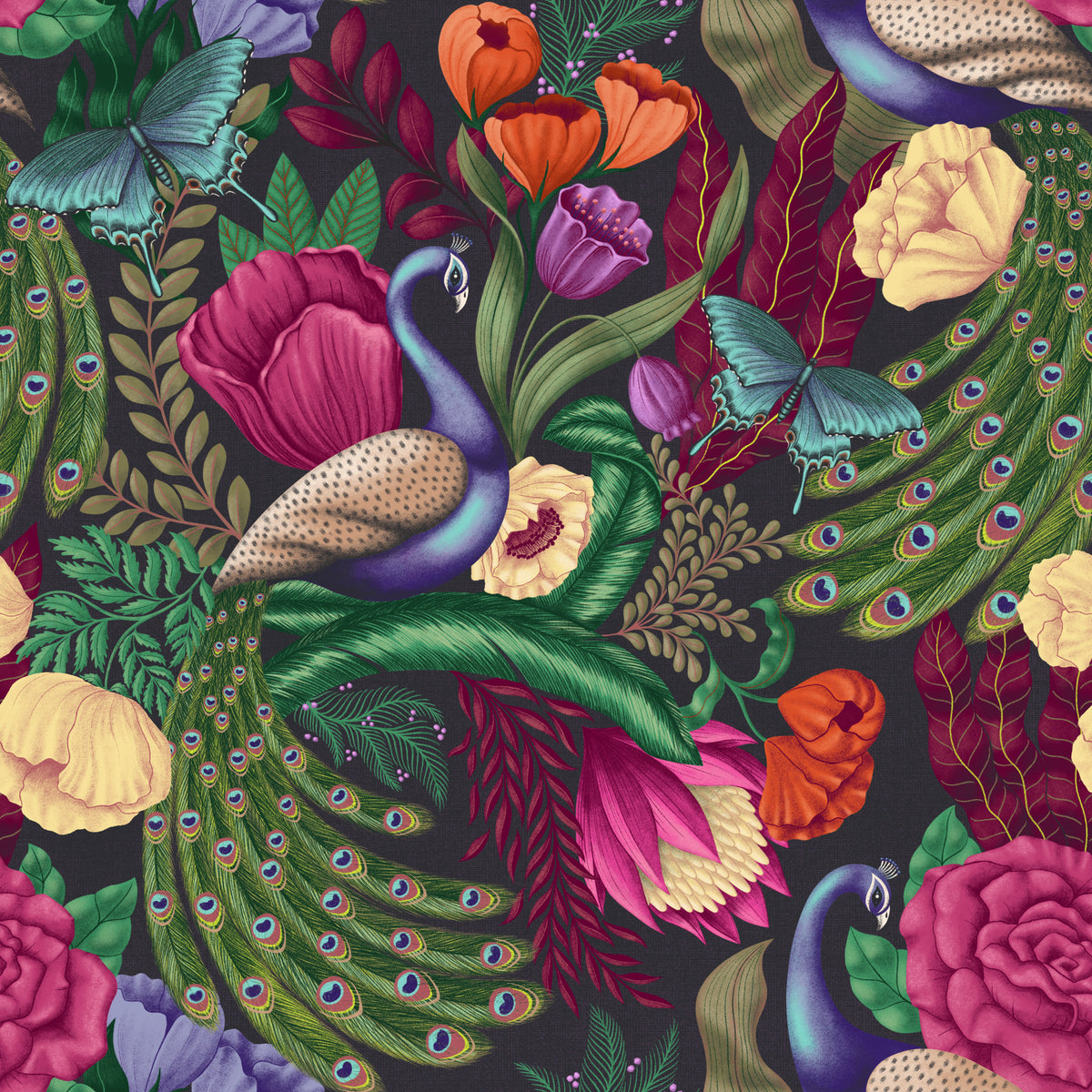 Maximalist Peacock Fantasy Garden -  Charcoal Black Wallpaper⁠ in your room