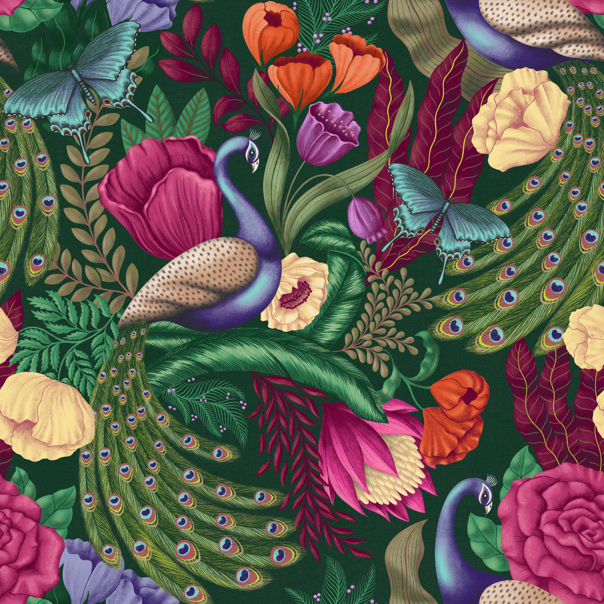 Maximalist Peacock Fantasy Garden - Dark Green Wallpaper⁠ in your room — zoomed