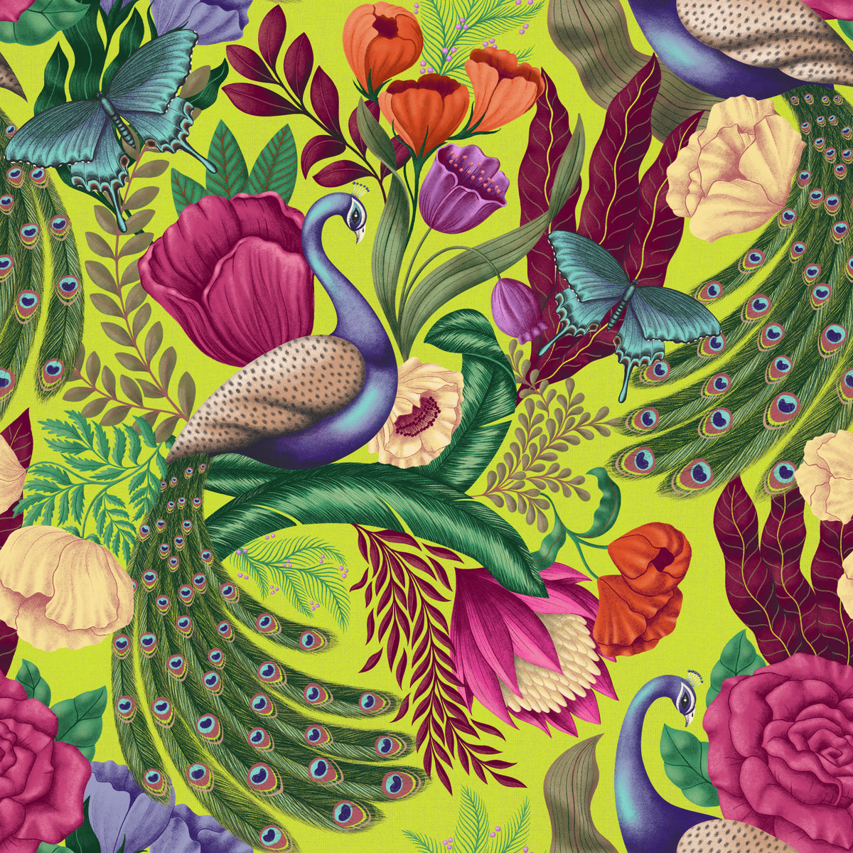 Maximalist Peacock Fantasy Garden -  Neon Green Wallpaper⁠ in your room