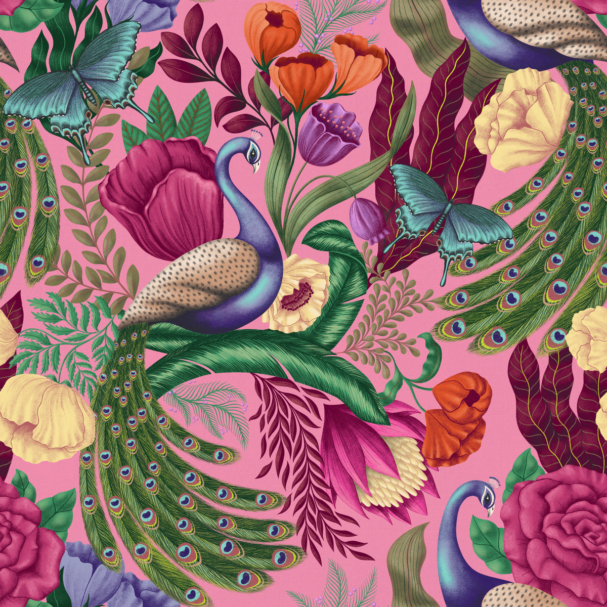Maximalist Peacock Fantasy Garden - Pink Wallpaper⁠ in your room — zoomed