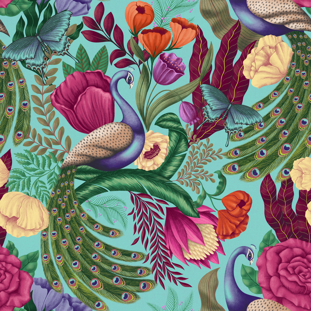 Maximalist Peacock Fantasy Garden - Turquoise Wallpaper⁠ in your room — zoomed