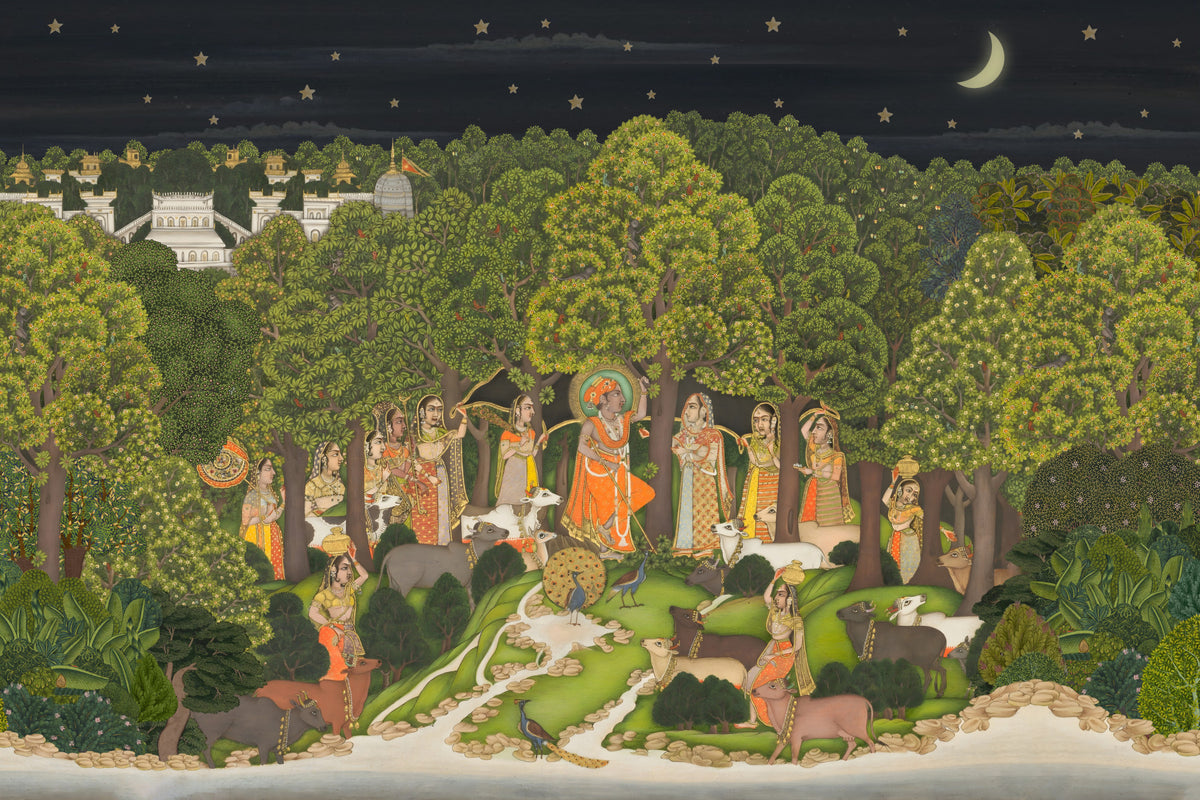 Krishna's Enchanted Forest Night Wall Mural in your room