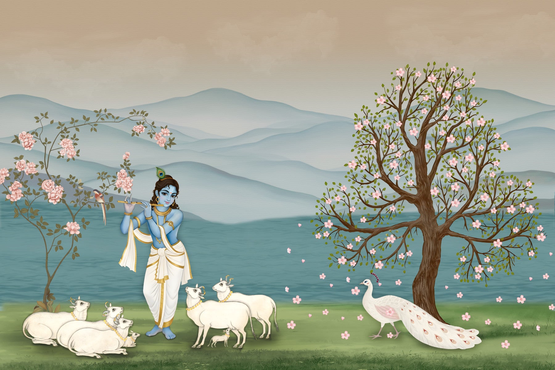 Krishna playing flute on Divine Serenity Garden dining room Wall Mural