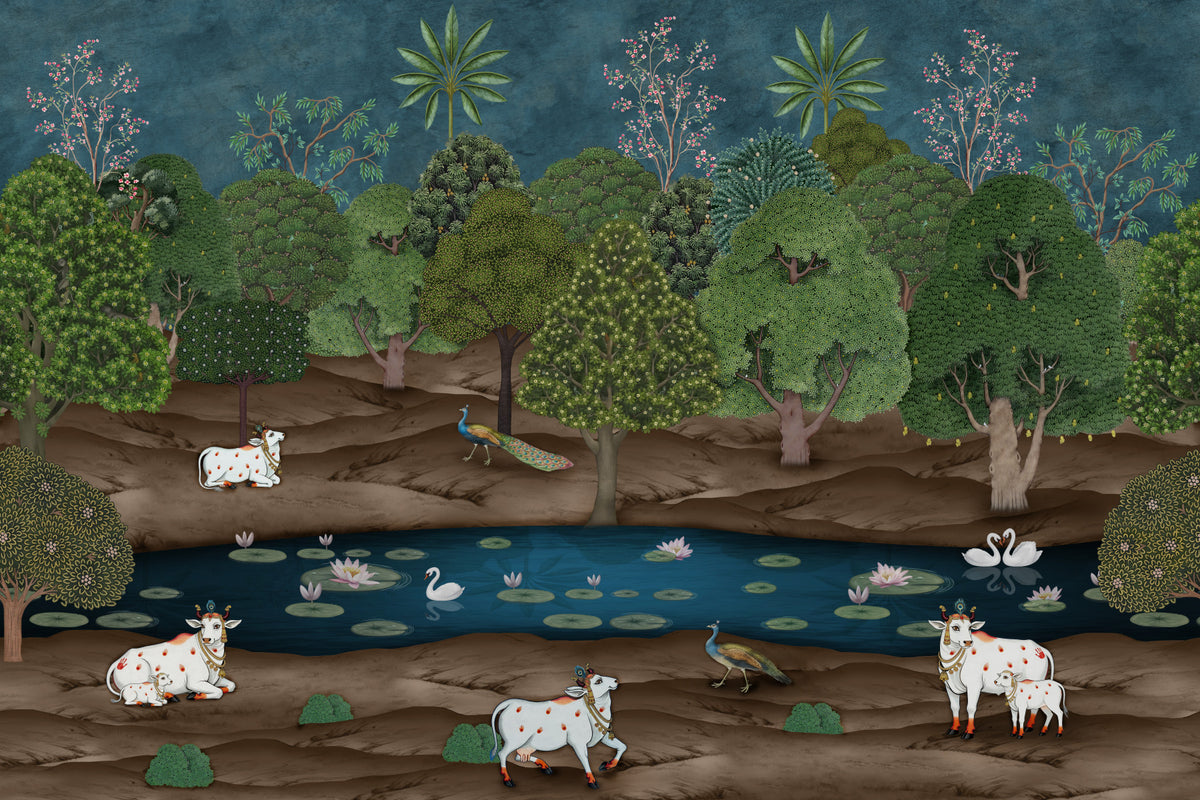 Pichwai Forest: Divine Grace Wall Mural in your room — zoomed