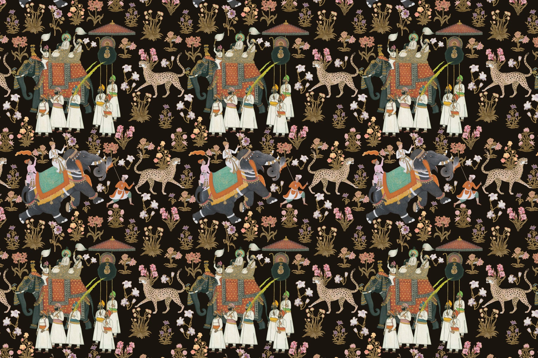 Vintage South Asian regal parade stylish living room wall mural in dark earthy tones.
