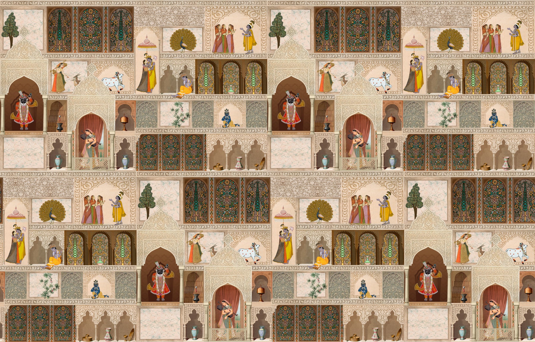 Indian Palace Narrative wall mural for hallway featuring peacocks and palace windows