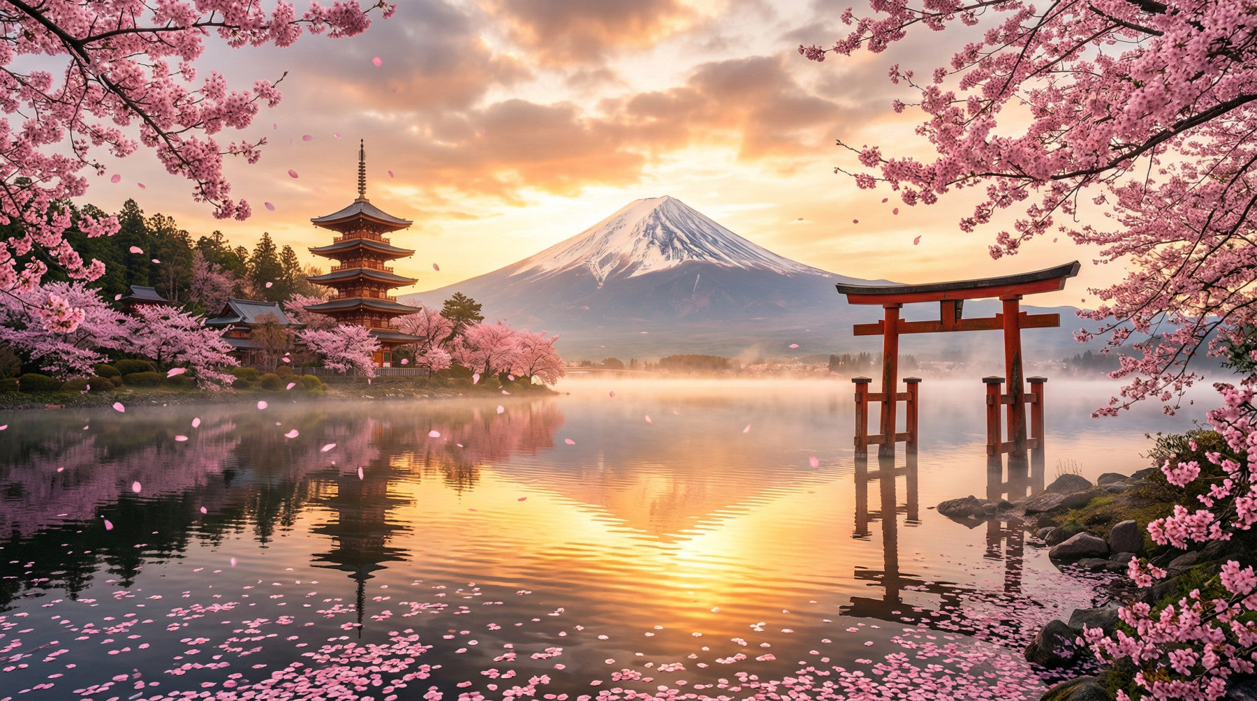 Sakura Vista at Fuji's Golden Hour Wall Mural with pink cherry blossoms.