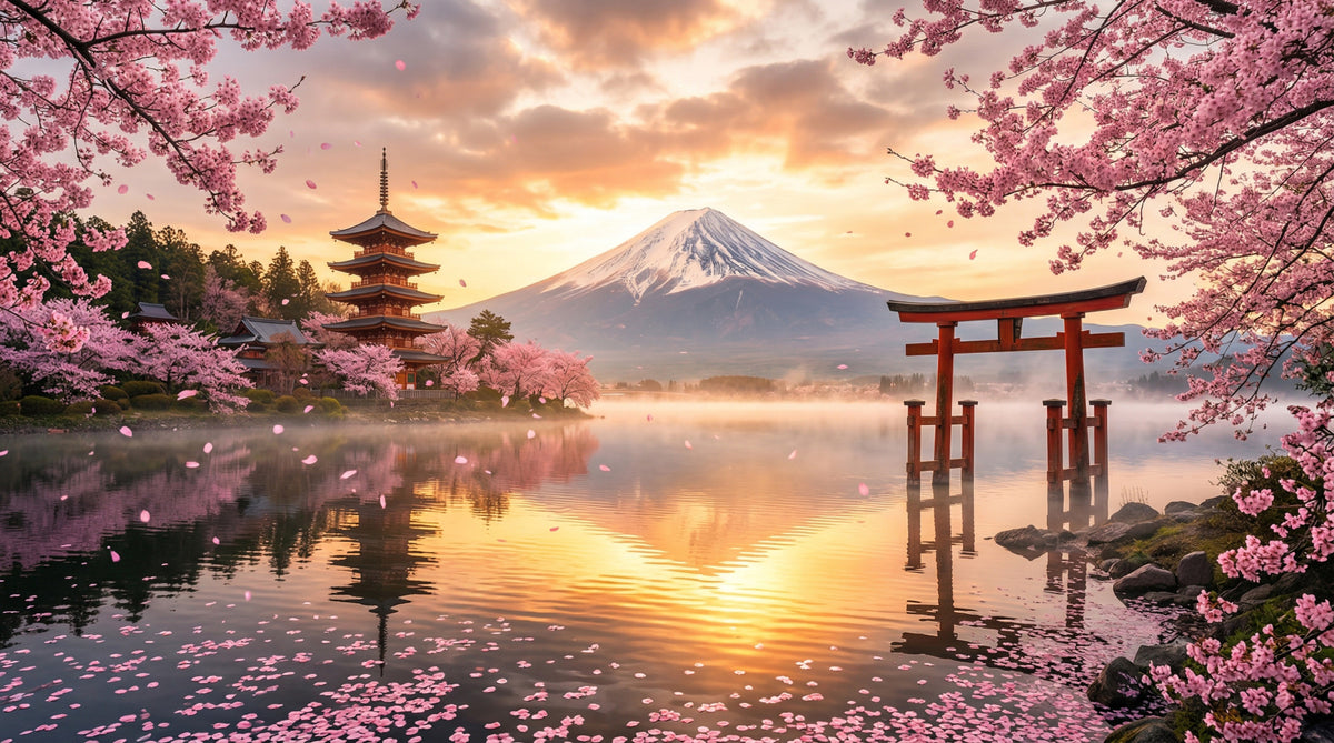 Sakura Vista at Fuji's Golden Hour Wall Mural in your room — zoomed