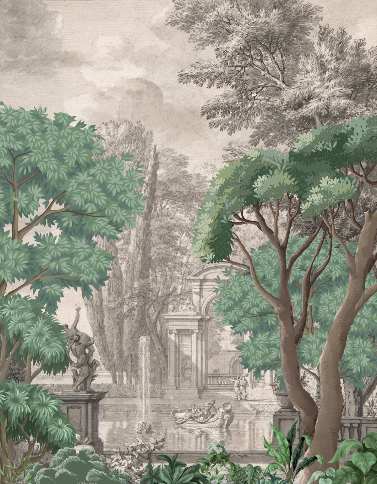 Classical Green Garden Oasis Wall Mural in your room — zoomed