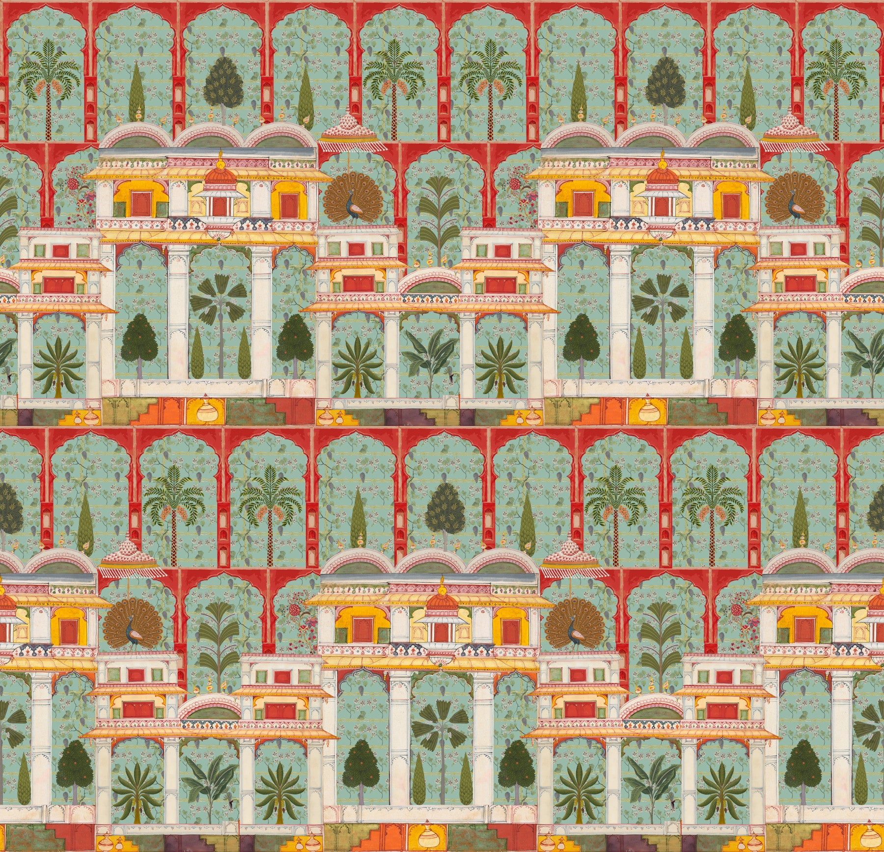 The Regal Mughal Garden wall mural creates a focal point in a living room.