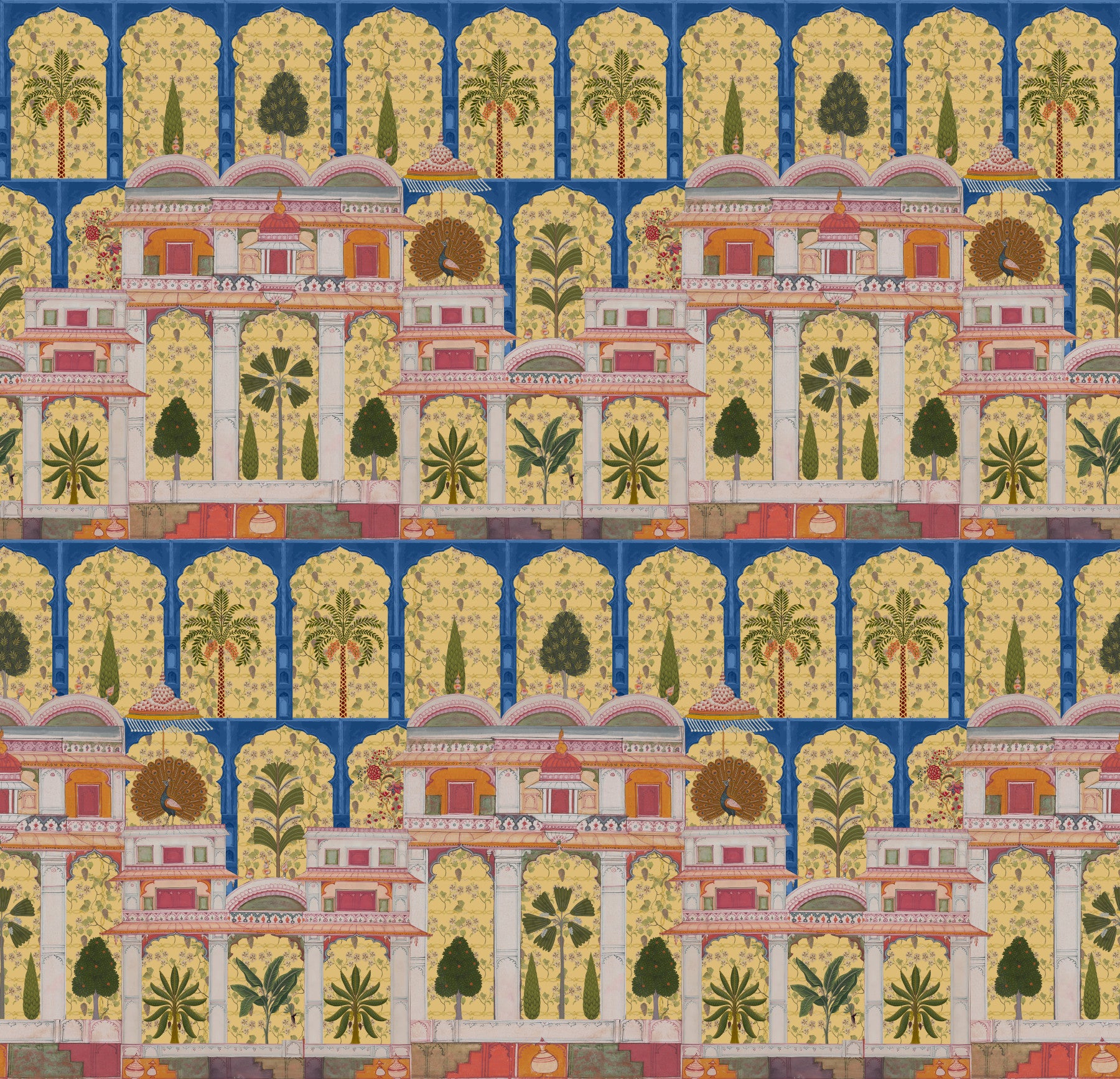 A serene bedroom features the royal Indian garden wall mural.