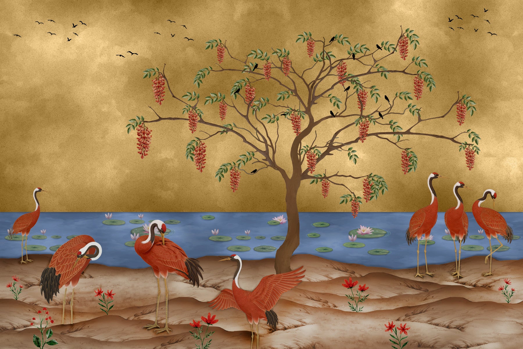 Golden crane wall mural behind a sofa in a calm living room