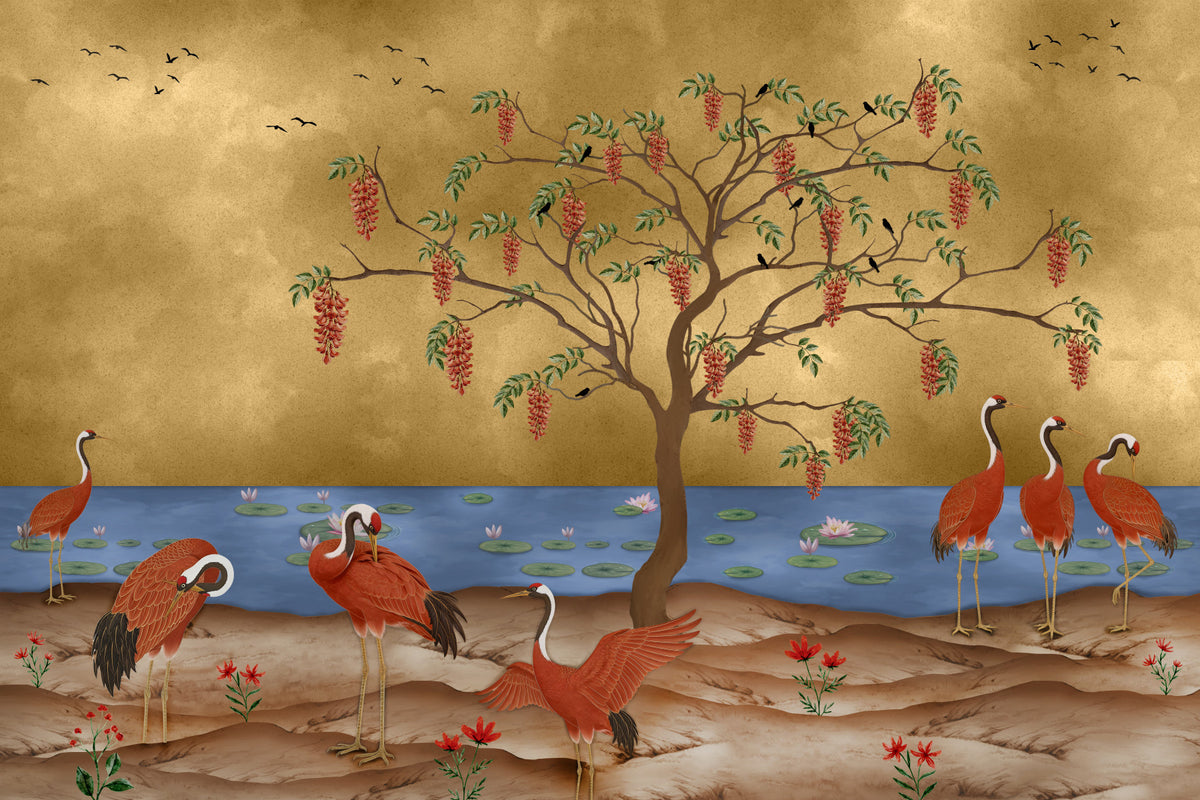 Oriental Cranes & Golden Waters Wall Mural in your room